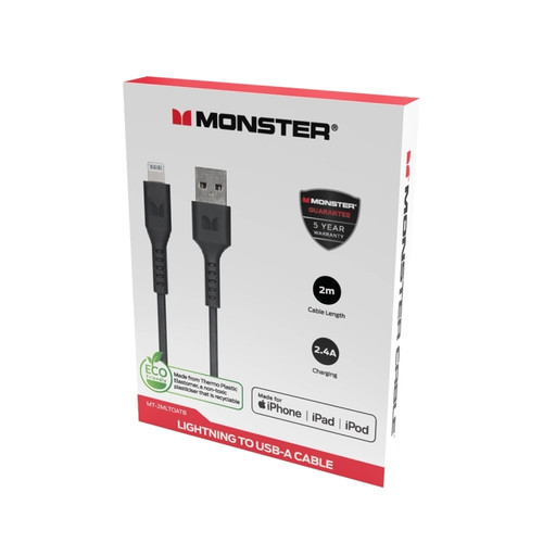 Monster 2M Lightning to USB-A Thermo Plastic Elastometer Cable Black