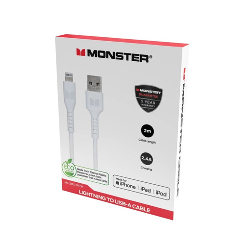 Monster 2M Lightning to USB-A Thermo Plastic Elastometer Cable White
