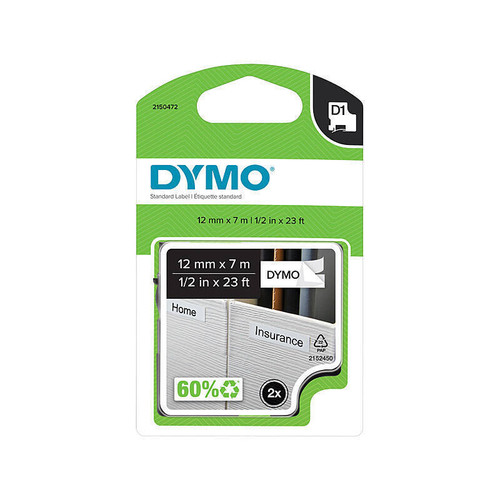 Dymo D1 Label Cassette 12mm x7m - Black on White - 2 Pack