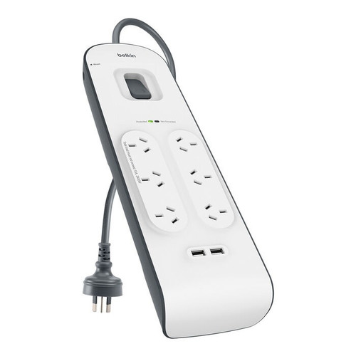 Belkin BSV604 6-Outlet 2-Meter Surge Protection Strip with two 2.4 amp USB charging ports,  Complete Three-line AC protection, CEW $30,000,2YR