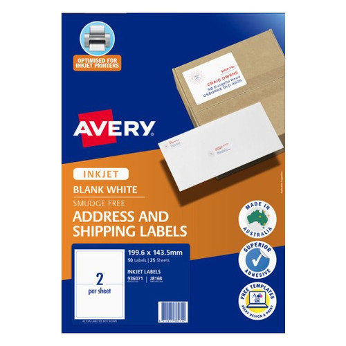 Avery Inkjet Label J8168 2UP Pack of 25 - 199.6 x 143.5 mm, Inkjet, Permanent