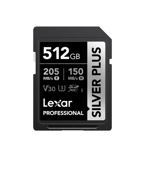 Lexar Professional SILVER PLUS 512GB SDXC UHS-I Card  speeds of up to 205MB/s and 150MB/s and supports seamless recording of FULL-HD and 4K videos
