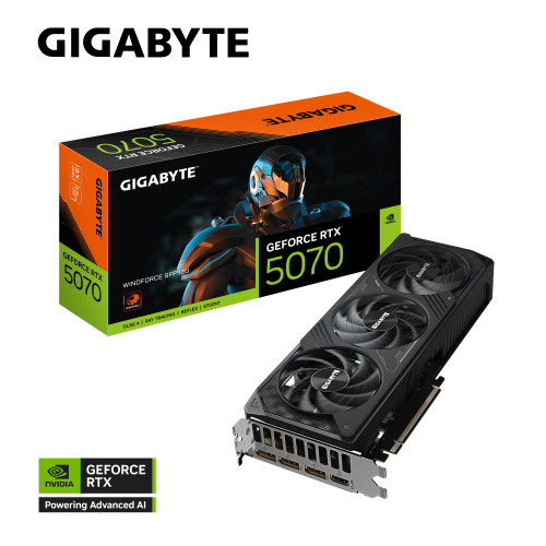 Gigabyte GV-N5070WF3-12GD, GeForce RTX 5070, 2512 MHz, CUDA 6144, 12 GB, GDDR7, PCI-E 5.0, ATX, 750W, HDMI 2.1b *1