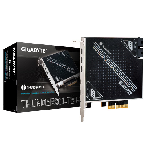 Gigabyte CARD THUNDERBOLTS 5 1.0 add-in card​, Intel® JHL9580 Thunderbolt 5 controller​, Dual Thunderbolt 5 Ports, up to 80 Gb/s bi-directional