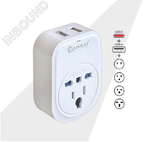 Sansai USB Travel Adaptor USB A + C 2xUSB Charging Outlets 100-240VAC 10A 2400W Compatible with plugs from many countries