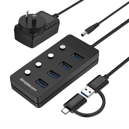 Simplecom CH345C SuperSpeed USB-A and USB-C to 4-Port USB 3.0 Hub 5Gbps Individual Switches and Power Adapter