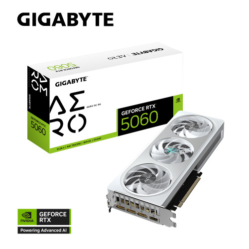 Gigabyte GeForce RTX™ 5060 AERO OC 8G, 2595 MHz, CUDA 3840, 28 Gbps, GDDR7,  128 bit, PCI-E 5.0, PSU 500W, DisplayPort 2.1b *3 HDMI 2.1b x1