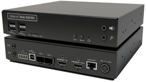 Matrox Avio N2150 IP KVM Extender with IPMX, ST2110 Support. 2x HDMI, 4x USB 2.0, 2x SFP cages, 1x RH45 with PoE+, 3 YR WTY