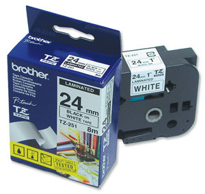 Brother TZ-251 Laminated 24mm x 8m - Black printing on White Tape