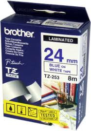 Brother TZ-253 Laminated 24mm x 8m - Blue printing on White Tape