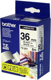 Brother TZ-261 Laminated 36mm x 8m - Black printing on White Tape