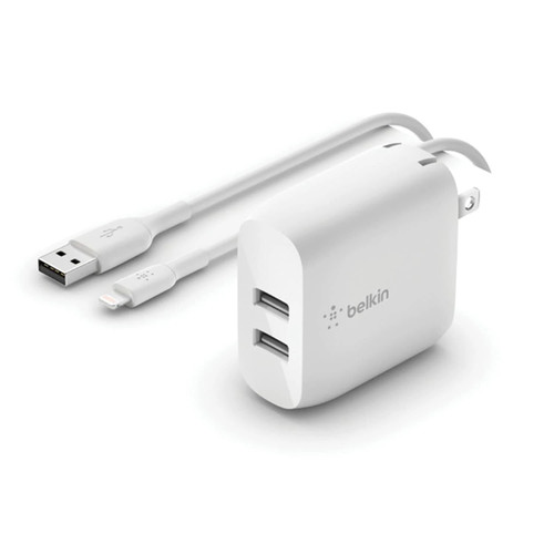 Belkin BoostCharge 24W Dual USB-A Wall Charger + Lightning to USB-A Cable (1M) - White (WCD001au1MWH), 2xUSB-A (12W), CEW $2,500, 2 Years Warranty
