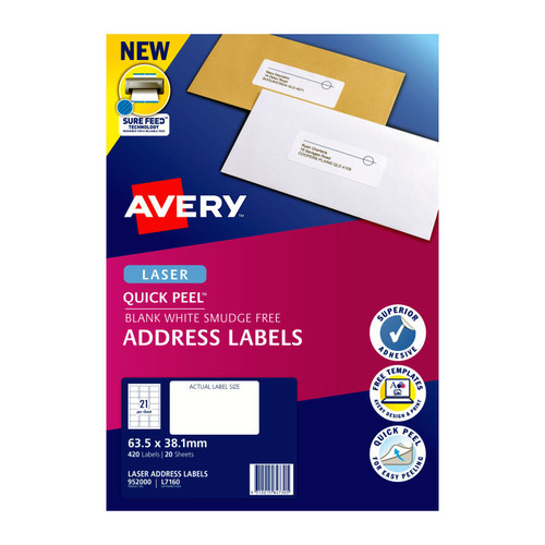 Avery Address Labels with Quick Peel?? for Laser Printers, 63.5 x 38.1 mm, 420 Labels (952000 / L7160)