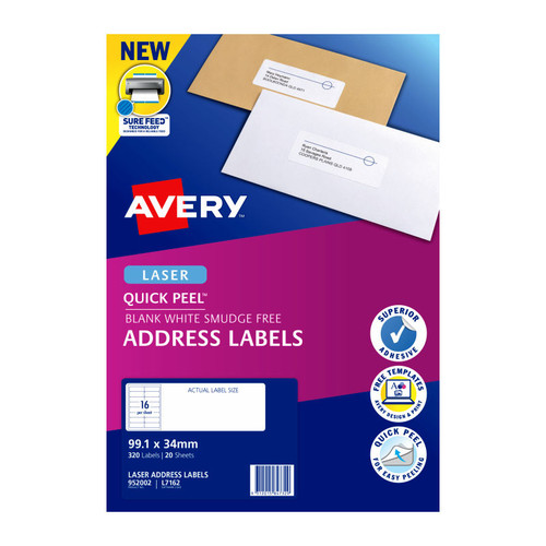 Avery Address Labels with Quick Peel?? for Laser Printers, 99.1 x 34 mm, 320 Labels (952002 / L7162)
