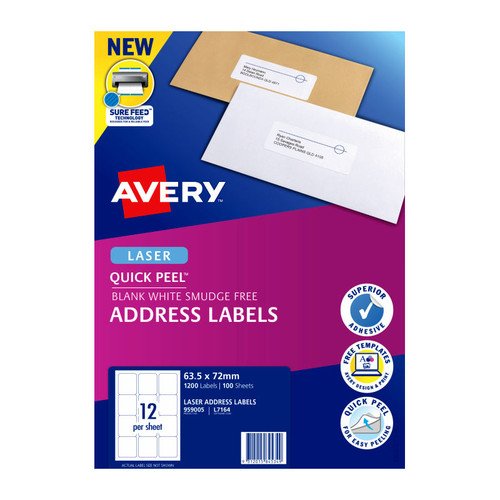 Avery Address Labels with Quick Peel?? for Laser Printers, 63.5 x 72 mm, 1200 Labels (959005 / L7164)