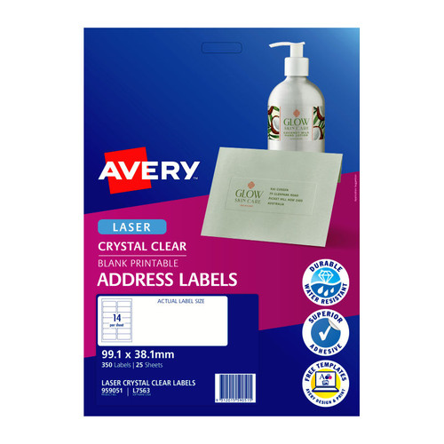 Avery Crystal Clear Address Labels for Laser Printers, 99.1 x 38.1 mm, 350 Labels (959051 / L7563)