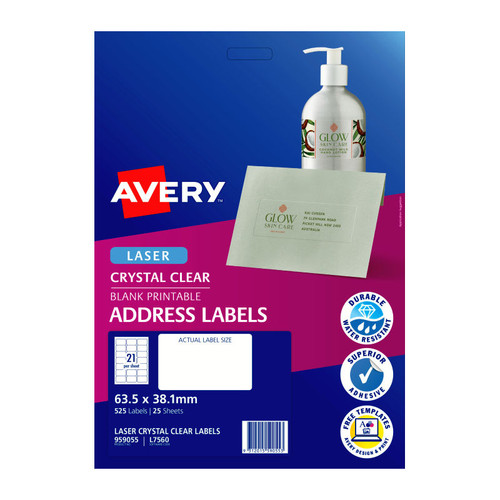 Avery Crystal Clear Address Labels for Laser Printers, 63.5 x 38.1 mm, 525 Labels (959055 / L7560)
