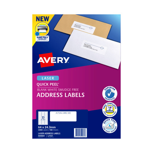 Avery Address Labels with Quick Peel?? for Laser Printers, 64 x 24.3 mm, 3300 Labels (959060 / L7157)