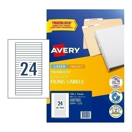 Avery White Filing Labels for Laser, Inkjet Printers, 134 x 11 mm, 600 Labels (959058 / L7170)