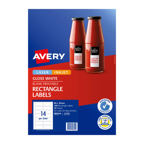 Avery Label Rectangle Gloss L7123 80 x 35mm 14 Up Pack10