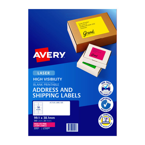 Avery Fluoro Pink High Visibility Shipping Labels for Laser Printers, 99.1 x 38.1 mm, 350 Labels (35957 / L7163FP)
