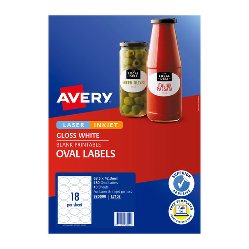 Avery Glossy Oval Labels, 63.5 x 42.3 mm, 180 Labels (980000 / L7102)