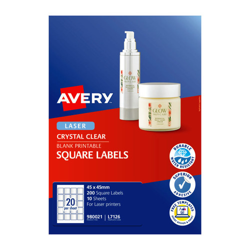 Avery Crystal Clear Square Labels for Laser Printers, 45 x 45 mm, 200 Labels (980021 / L7126)