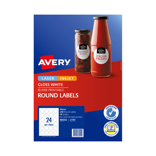 Avery Glossy Round Labels, 40 mm diameter, 240 Labels (980052 / L7147)