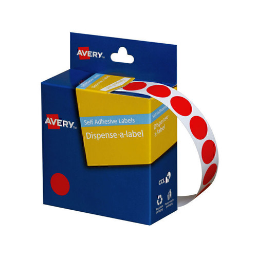 Avery Red Circle Dispenser Labels, 14 mm diameter, 1050 Labels (937235)