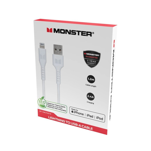 Monster 1.2M Lightning to USB-A Thermo Plastic Elastometer Cable White