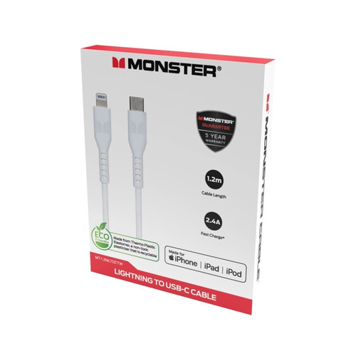 Monster 1.2M Lightning to USB-C Thermo Plastic Elastometer Cable White