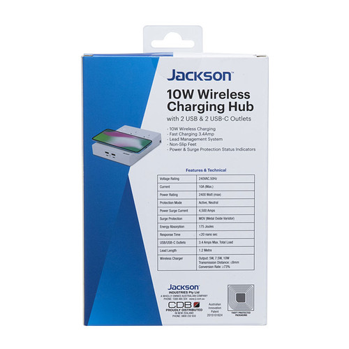 Jackson 2 Outlet PowerHub with 2 x USB-A + 2 x USB-C Charging Ports (3.4A Total) & 10W Wireless Charging - 1.2m Lead / White