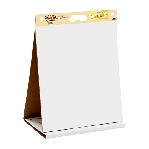 Post-It Super Sticky Dry Erase 563DE Table Top 508X584 are adhesive backed sheets  that stick and restick to hold up to 2X longer to most wall surfaces, unlike flip chart paper. The paper resists marker bleed through. 20 sheets/pad