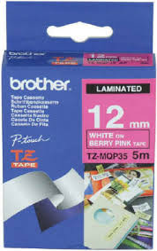 Brother TZeMQP35 White on Berry Pink Label Tape - 12mm x 5 meters