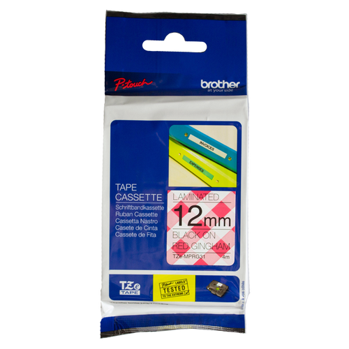 Brother TZeMPRG31 Label Tape - 12mm x 4M - Ribbon, Black on Red Gingham - (Pattern) Laminated
