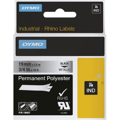 Dymo Rhino 19mm Permanent Poly Metallised Black on White