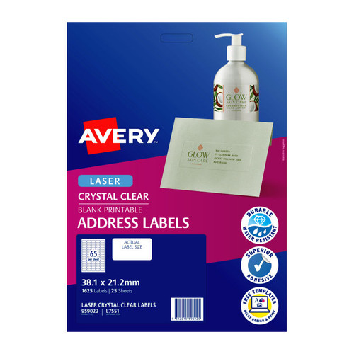 Avery Crystal Clear Address Labels for Laser Printers, 38.1 x 21.2 mm, 1625 Labels (959022 / L7551)