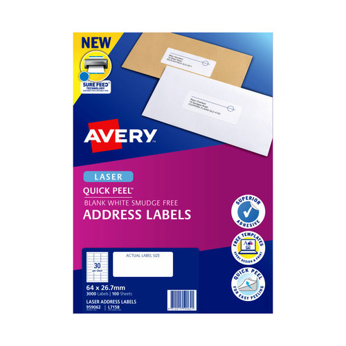 Avery Address Labels with Quick Peel for Laser Printers, 64 x 26.7 mm, 3000 Labels (959062 / L7158)