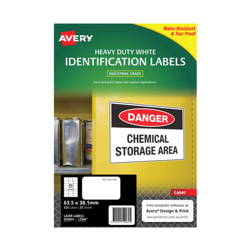 Avery White Heavy Duty Labels for Laser Printers, 63.5 x 38.1 mm, 525 Labels (959064 / L7060)