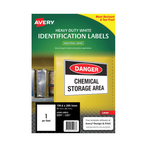Avery White Heavy Duty Labels for Laser Printers, 199.6 x 289.1 mm, 25 Labels (959067 / L7067)