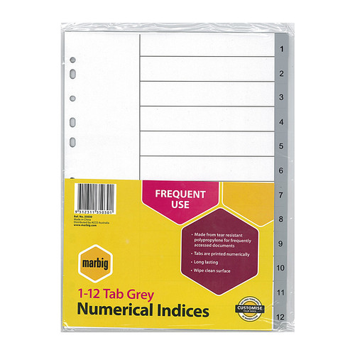 Marbig Indices Grey PP A4 1-12Tab