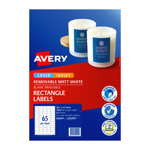 Avery Removable Multi-purpose Labels for Laser, Inkjet Printers, 38.1 x 21.2 mm, 1625 Labels (959049 / L7651REV)