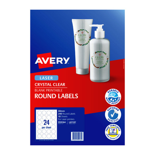Avery Crystal Clear Round Multi-purpose Labels for Laser Printers, 40 mm diameter, 240 Labels (959164 / L6112C)