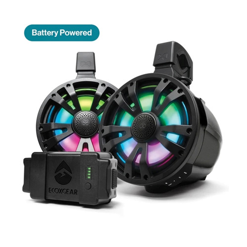 EcoXgear ETB08 2-Pack Black 8 Inch Marine Amplified Speakers + 1 Battery Pack