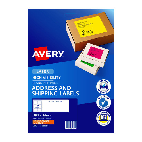Avery Fluoro Orange High Visibility Shipping Labels for Laser Printers, 99.1 x 34 mm, 400 Labels (35972 / L7162FO)
