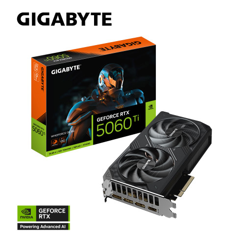 Gigabyte GeForce RTX™ 5060 Ti WINDFORCE OC 8G, 2587 MHz, CUDA 4608, 28 Gbps, GDDR7, 128 bit, PCI-E 5.0, PSU 650W, DisplayPort 2.1b *3 HDMI 2.1b *1