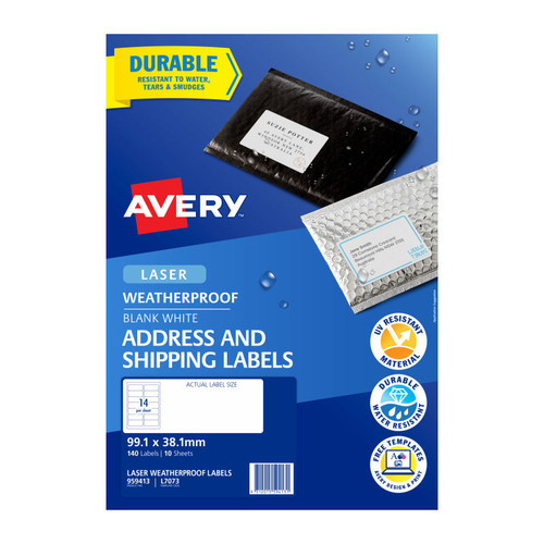 Avery Laser Label Weather Poorf L7073 99.1 x 38.1 14 Up Pack 10