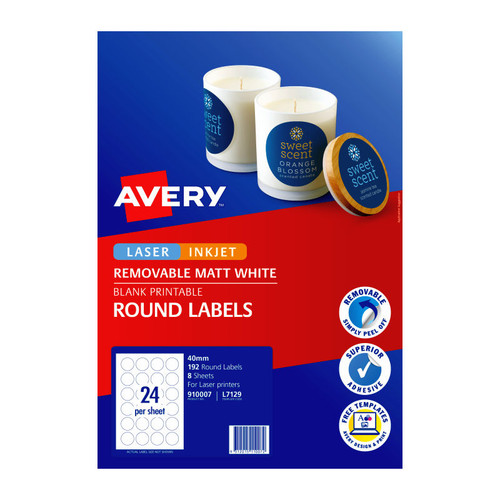 Avery Label Removeble Matt Round L7129 40mm 24Up Pack of 8