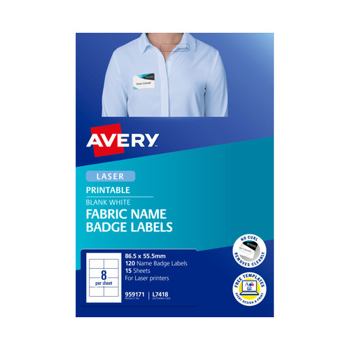Avery Fabric Name Badge Labels for Laser Printers, 86.5 x 55.5 mm, 120 Labels (959171 / L7418)