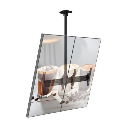 Atdec 2x1 ceiling menu board mount (1.25m rail, 1.5m pole), tilting angle. Max load per display: 25kg